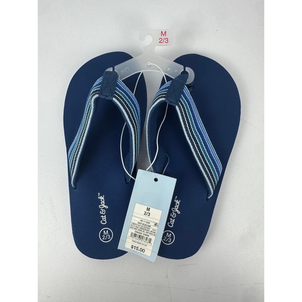 Cat & Jack Boys Navy Blue Striped Thong Flip Flop‎ Sandals Size M 2/3 NEW